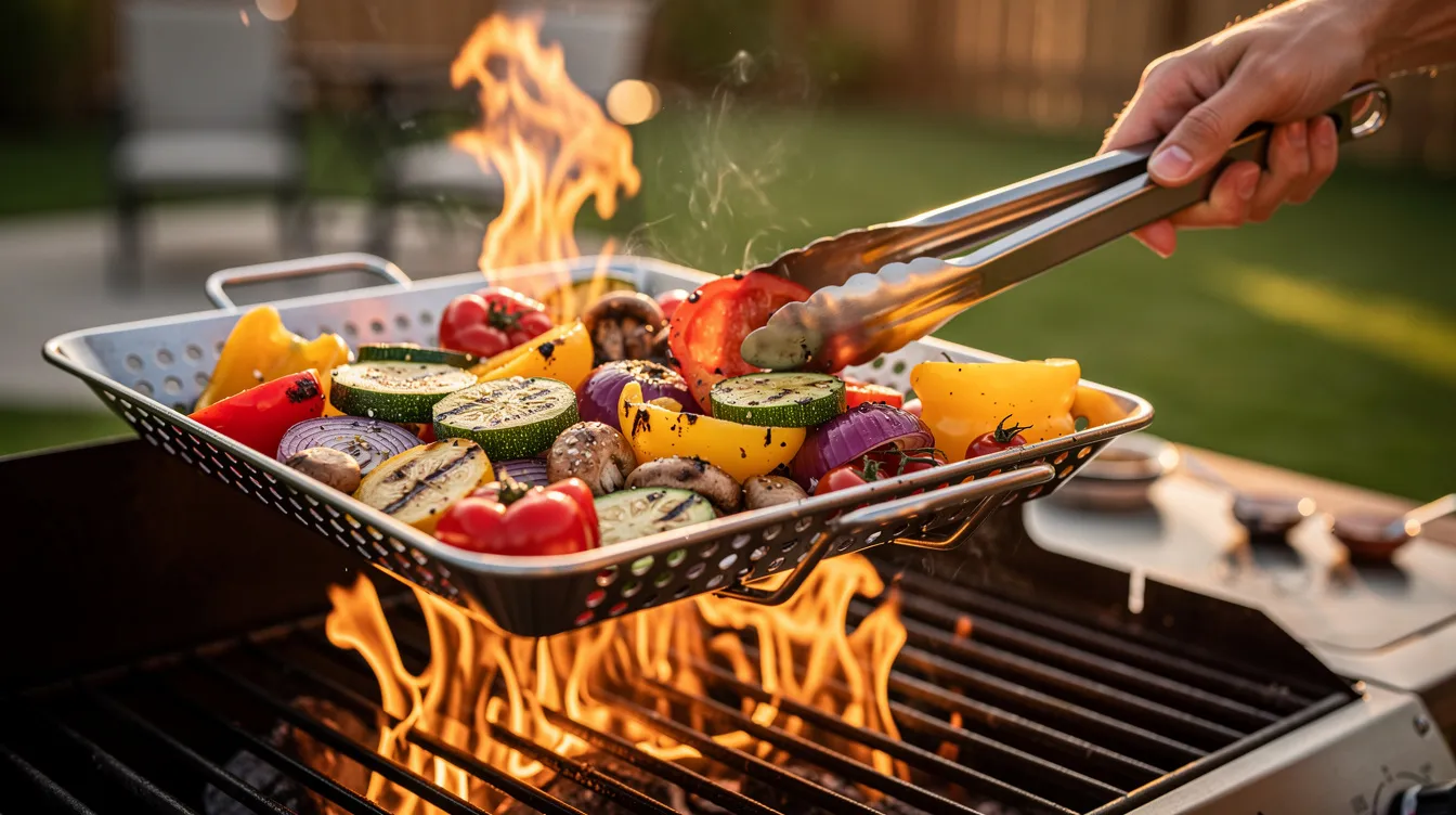 A person is grilling a vibrant assortment of vegetables, including summer squash, zucchini, and green beans, in a grill basket over an open flame. They are wearing grill gloves and using tongs to toss the veggies, ensuring even cooking while the grill lid is lifted to let out steam.