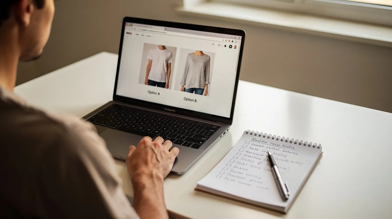 An individual is seated at a desk, intently comparing two clothing items displayed on their laptop screen, while a notepad rests nearby, possibly containing notes on customer reviews. This scene reflects the process of shopping online and the importance of analyzing both positive and negative reviews to make an informed purchase decision.