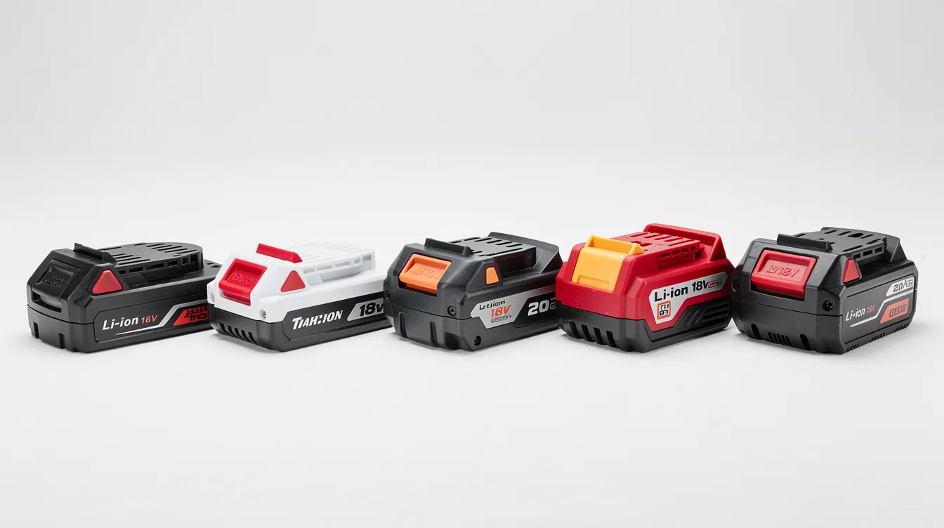 The image features several lithium-ion battery packs from different brands arranged side by side for comparison, showcasing their similar designs and sizes. This visual aids potential buyers in evaluating various products available on platforms like Amazon and Walmart.
