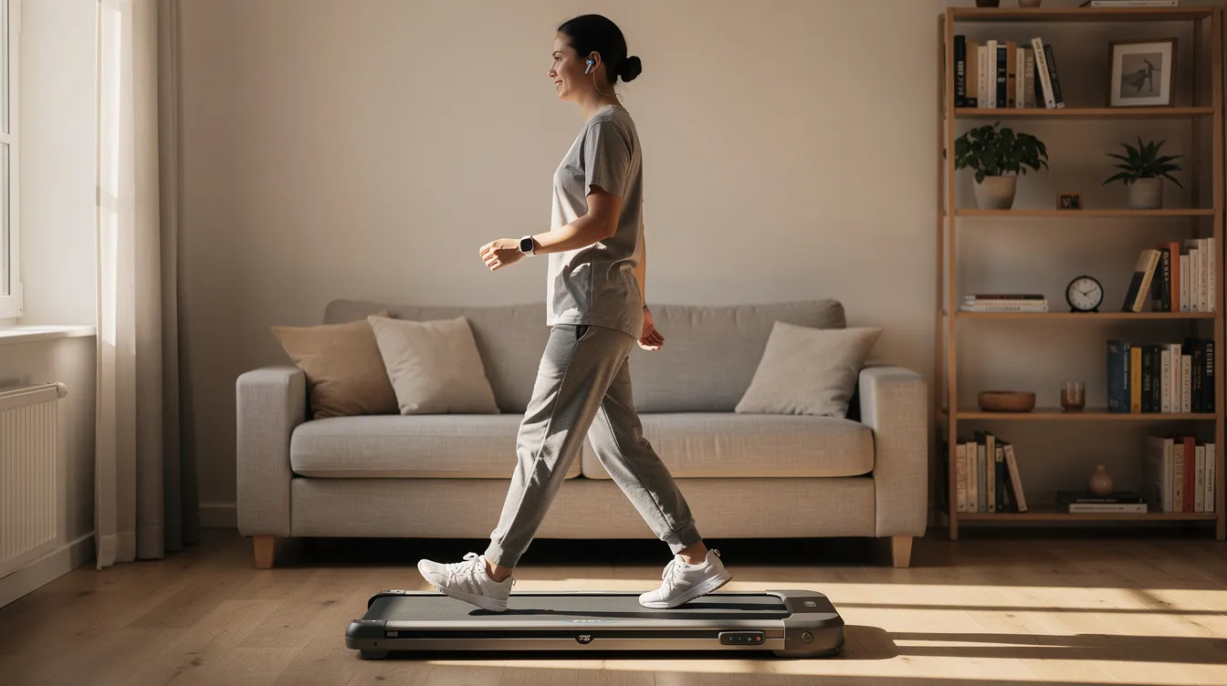 A person is walking on a compact treadmill pad in a sunlit apartment living room, surrounded by a couch and a bookshelf, creating a cozy home gym atmosphere. This fitness equipment is perfect for home workouts, allowing for a full body workout while enjoying the natural light.