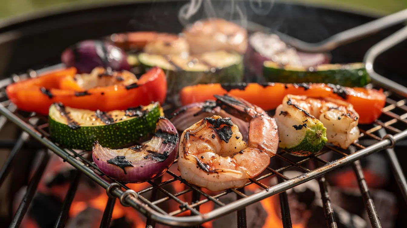 A close-up view of charred vegetables, including summer squash, green beans, and zucchini, along with shrimp, all sizzling in a grill basket over hot coals. The grill basket features perforations for efficient cooking, allowing the high heat to penetrate and enhance the flavors of the food.