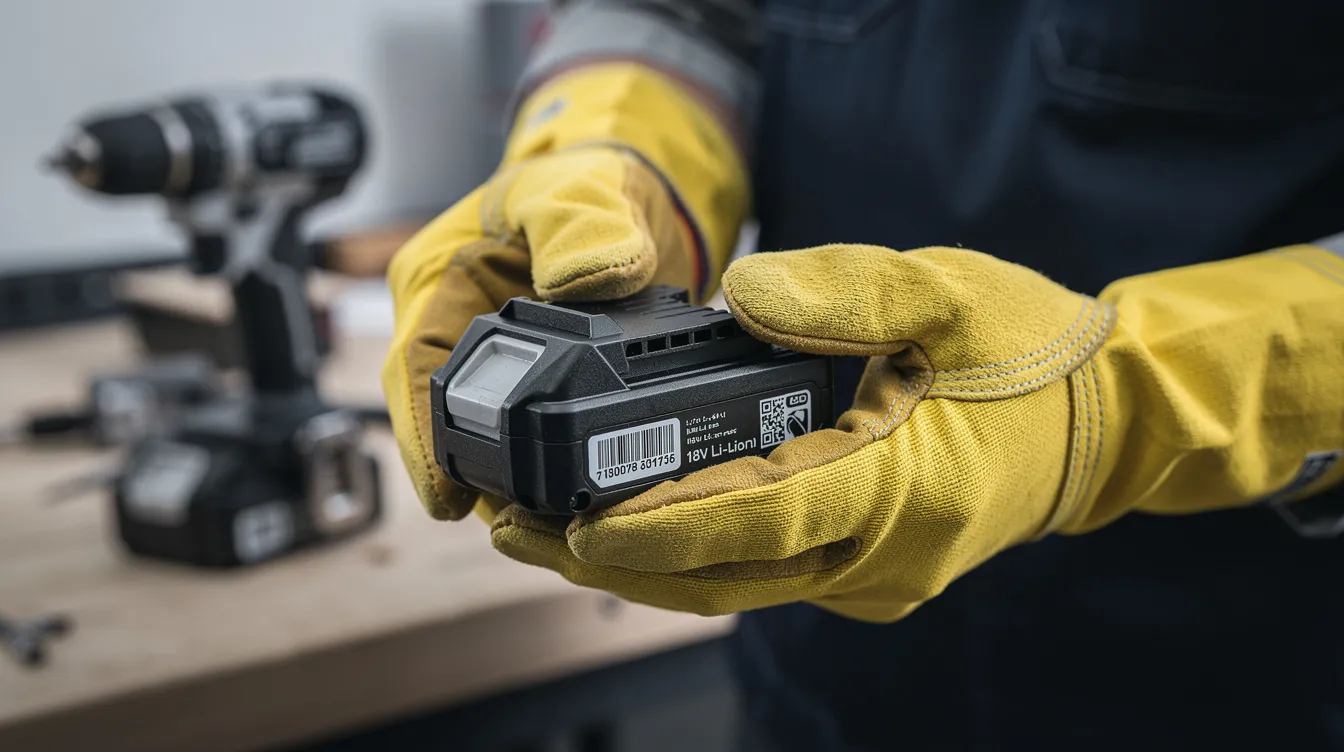 A person wearing safety gloves is closely inspecting a cordless power drill battery pack, highlighting the importance of safety when handling tools and devices. The scene emphasizes the careful examination of products often found in stores like Walmart or on Amazon.