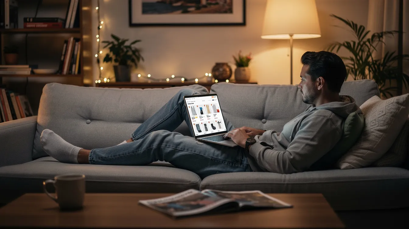 A person is comfortably seated on a couch in a cozy apartment, using a laptop to browse various fitness equipment products on the screen, including workout gear and accessories for home workouts. The atmosphere suggests a relaxed shopping experience, possibly reviewing star ratings and prices of different fitness accessories.
