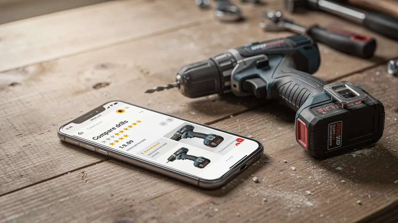 A smartphone rests beside a cordless drill on a workbench, indicating the process of online research for tools before making a purchase. This scene suggests the importance of using devices to find the best products from sellers like Amazon and Walmart.