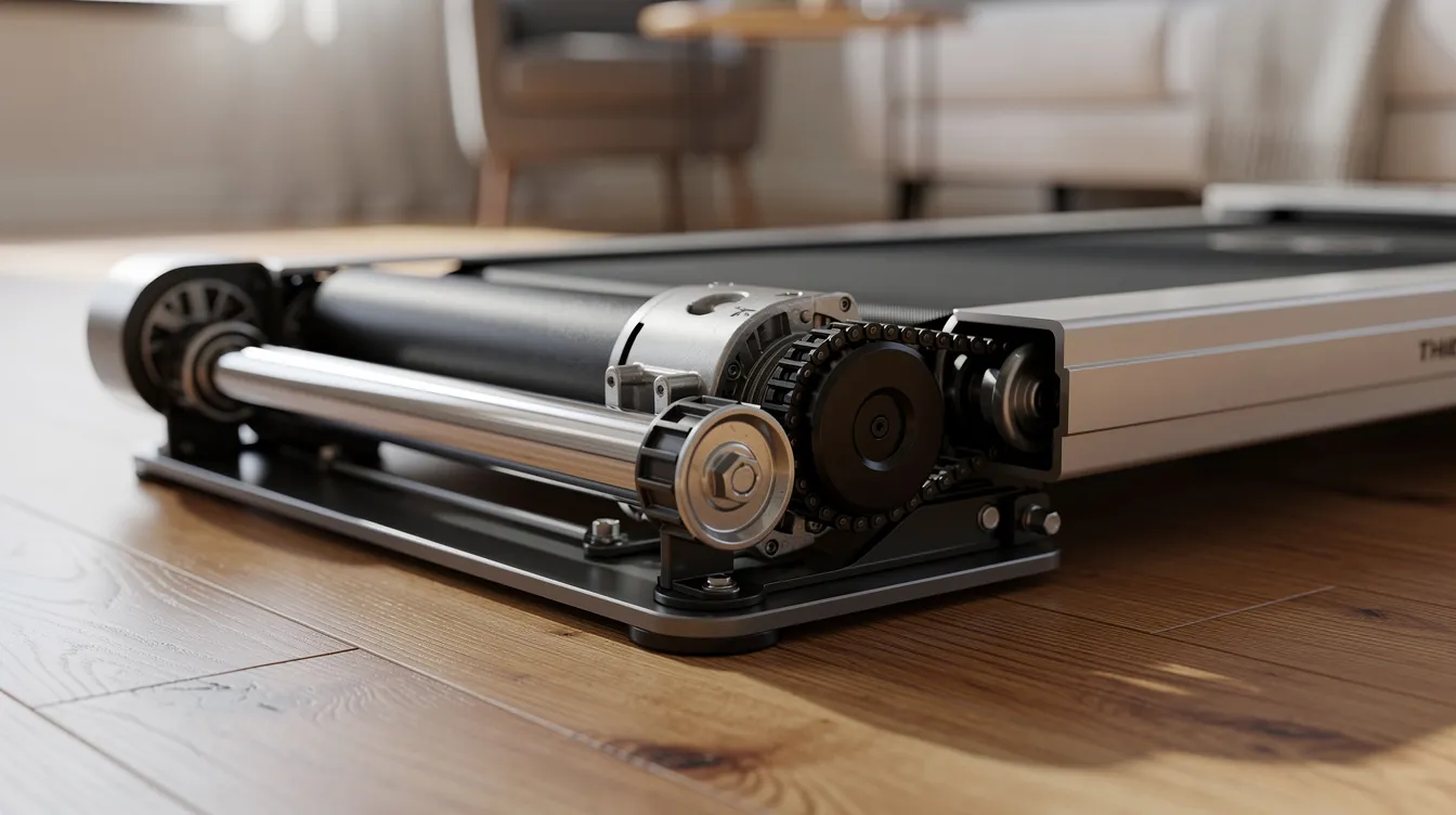 The image shows a close-up view of a walking pad's motor and belt mechanism situated on a hardwood floor, highlighting the great quality of this fitness equipment designed for home workouts. The intricate details of the mechanism suggest durability and efficiency, making it an ideal addition to any home gym.
