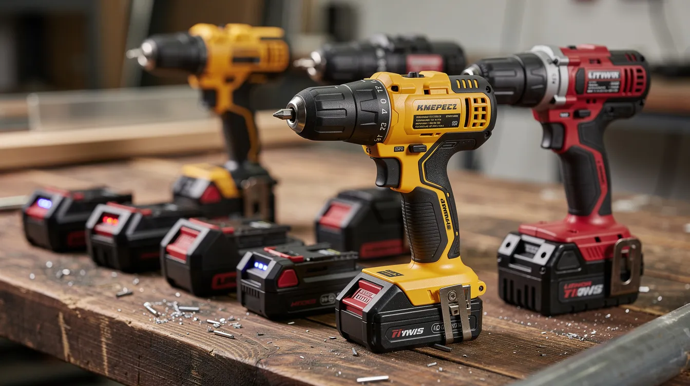 A close-up image showcases multiple cordless drills and battery packs neatly arranged on a wooden workbench, highlighting various tools that are popular among sellers on platforms like Amazon and Walmart. The scene emphasizes the functionality of these devices for DIY enthusiasts and professionals alike.