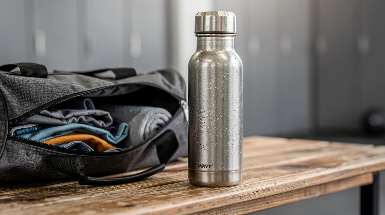 An insulated water bottle rests beside an open gym bag on a wooden bench, highlighting essential fitness accessories for home workouts. The gym bag, designed with multiple pockets, suggests it holds various fitness gear for a full body workout.