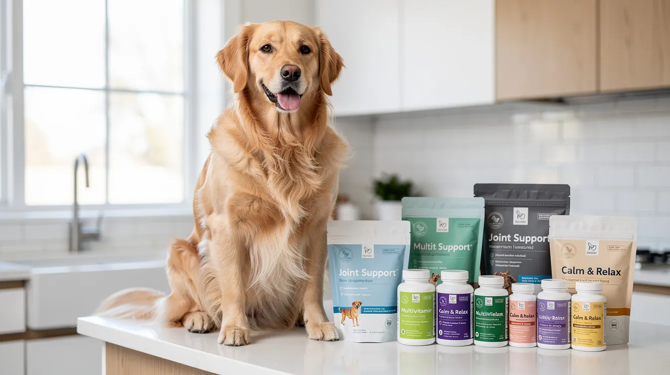 A golden retriever sits next to various bags and bottles of pet supplements on a kitchen counter, showcasing an array of health products designed for furry friends. The scene highlights the importance of pet supplies for maintaining fresh breath and overall wellness in dogs.