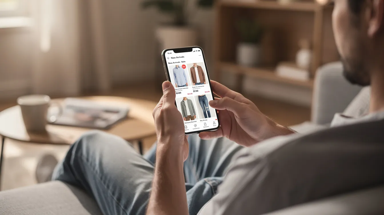 A person is sitting comfortably on a couch, scrolling through clothing product listings on their smartphone, likely searching for positive reviews and five-star ratings to inform their online shopping decisions. The scene captures the essence of modern retail, where customers rely on reviews and product pages to make informed purchases.